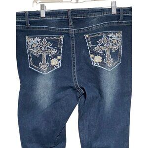 Harper & Ivy Womens Dark Wash Bootcut Jeans Cross Embellished Pockets Size 17JR